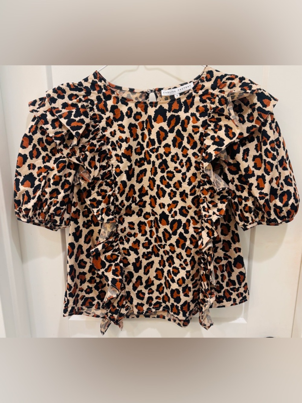 English Factory Leopard Ruffle Top - Tan, Black & Brown. Size Small